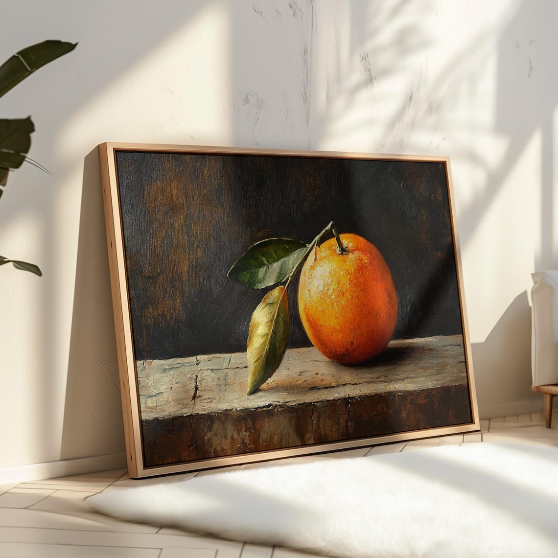 Orange with Leaves on Weathered Wood Dark Still Life Oil Poster
