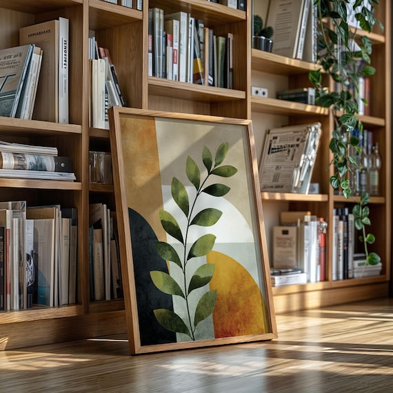 Geometric Botanical Leaf Modern Abstract Ochre Green Wall Poster