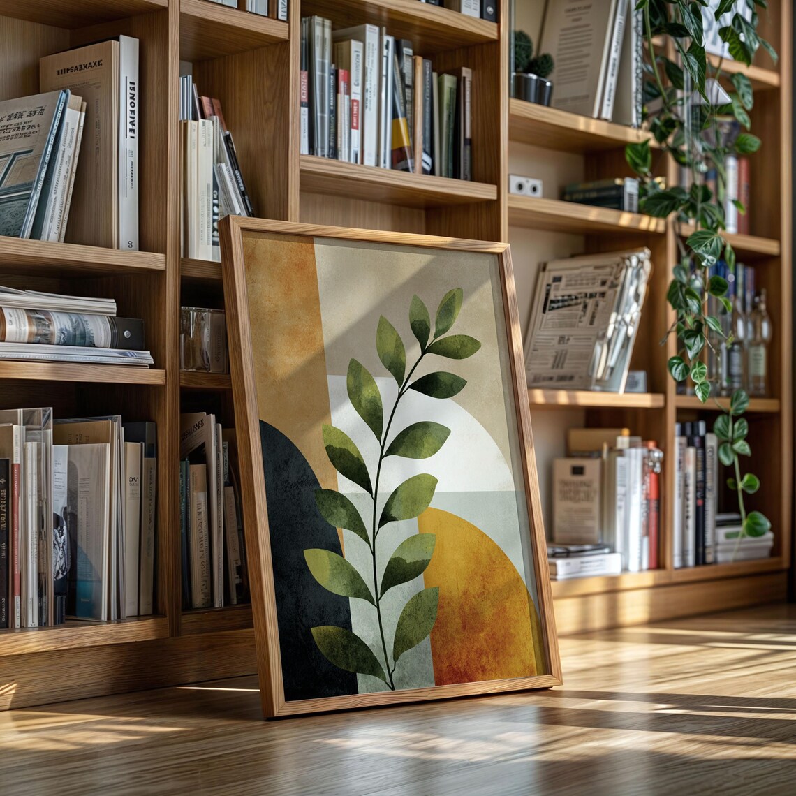 Geometric Botanical Leaf Modern Abstract Ochre Green Wall Poster