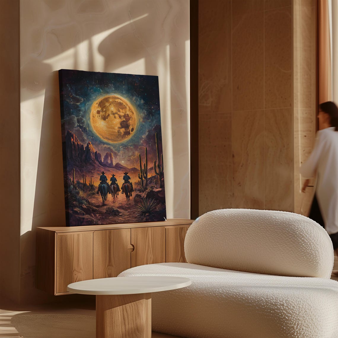 Three Cowboys Riding Toward A Giant Moon Over Desert Mesas Poster - Image 4