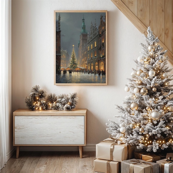 European Christmas Market In Snowy Town Square Vintage Painting Poster