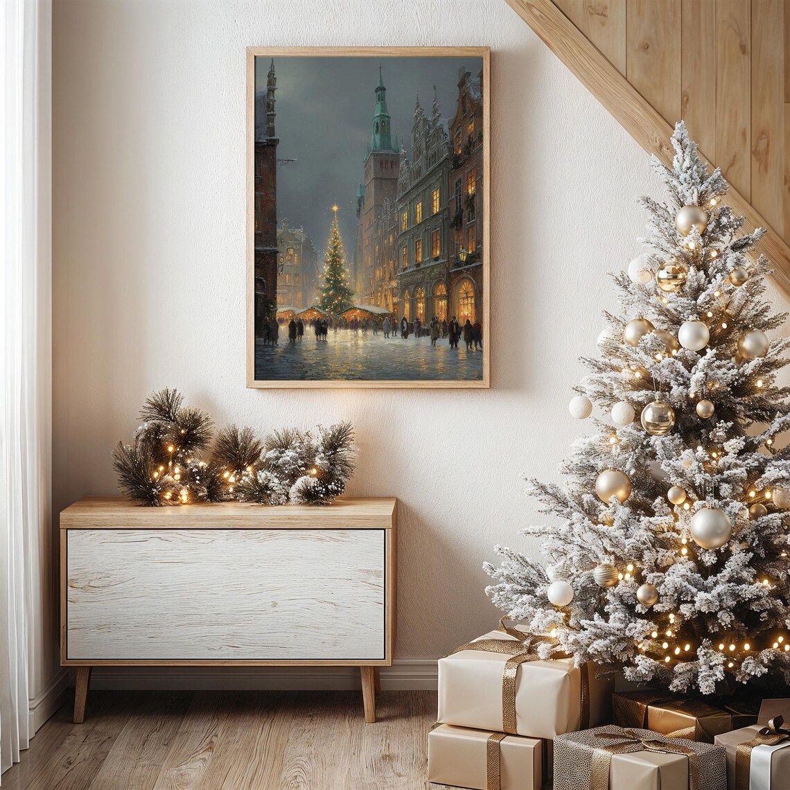 European Christmas Market In Snowy Town Square Vintage Painting Poster