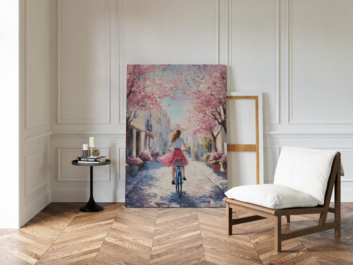 Girl on Bicycle Under Cherry Blossom Trees Pink Spring Street Wall Art - Image 4