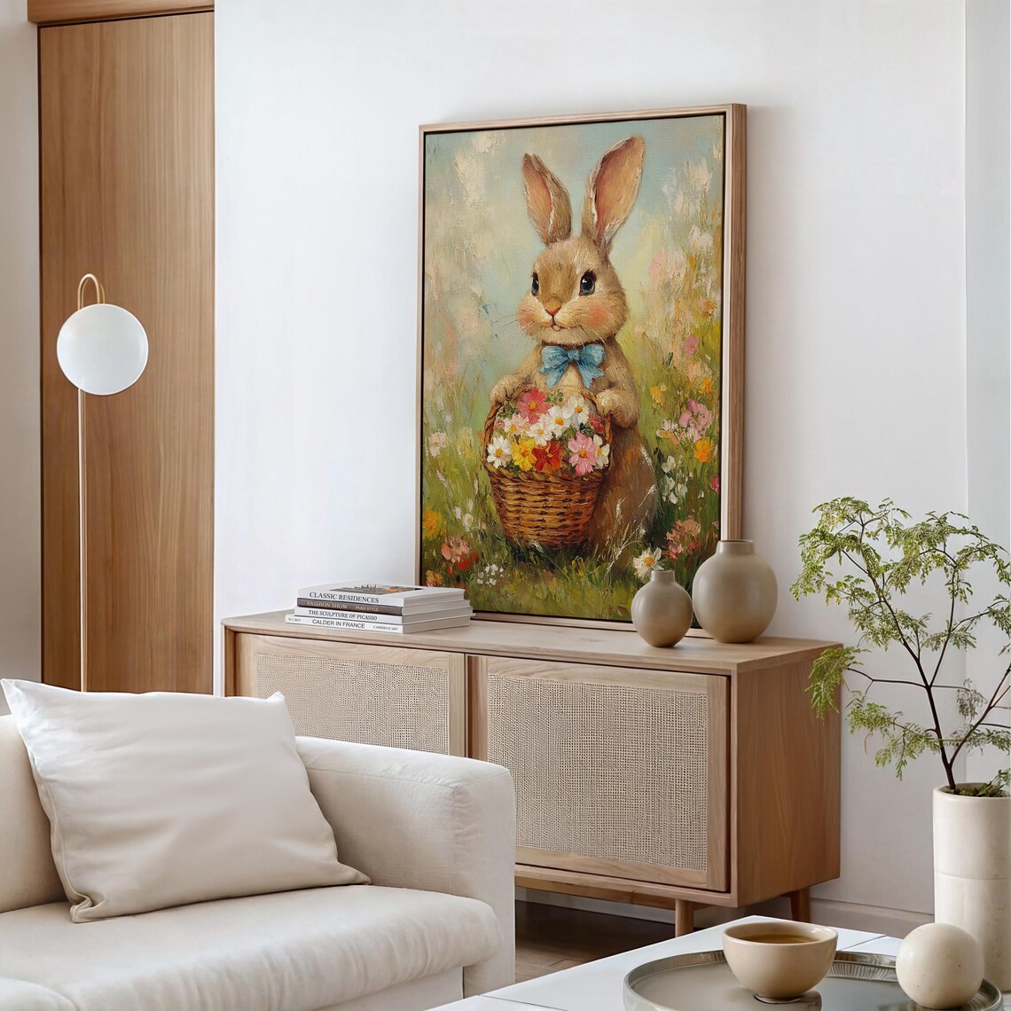 Sweet Bunny With Blue Ribbon Bow And Colorful Flower Basket Poster - Image 6