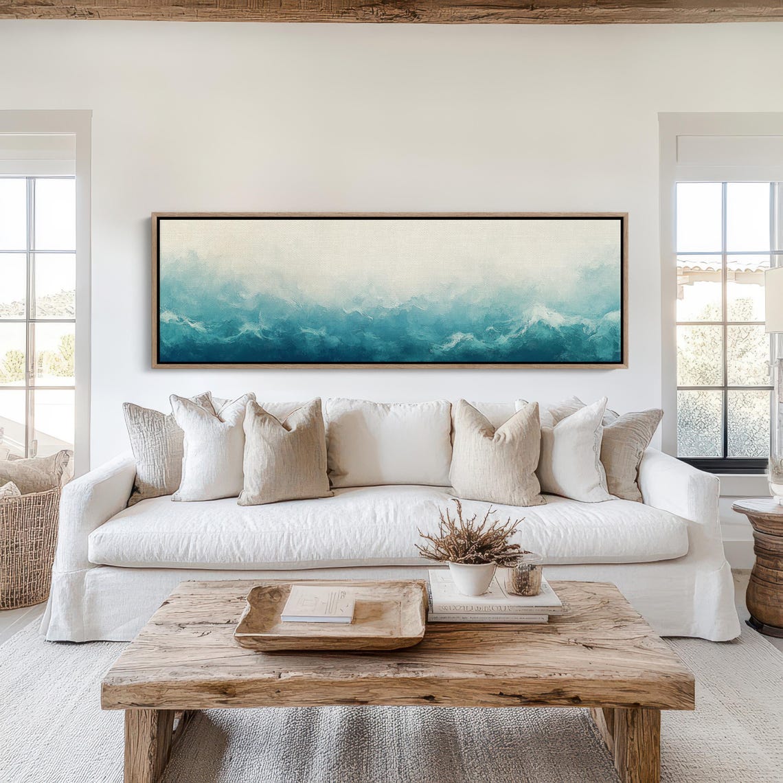 Abstract Teal Ocean Waves Under Pale Luminous Sky Panoramic Wall Art - Image 4