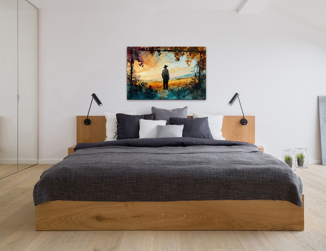 Tuscan Vineyard Sunset Watercolor Lone Figure Landscape Wall Art - Image 4