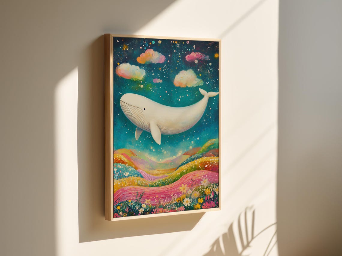 White Whale Soaring Above Rainbow Flower Hills Starry Sky Poster - Image 4