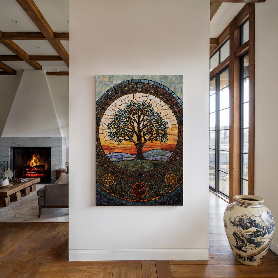 Stained Glass Tree Of Life Mosaic At Orange Sunset With Hills Poster - Image 4