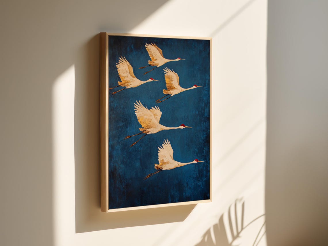 Five White Cranes In Flight On Teal Textured Asian Art Poster - Image 4