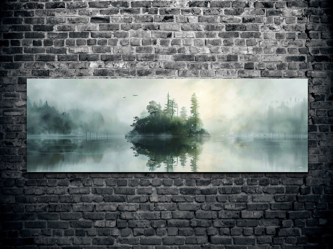 Misty Pine Island On Foggy Still Lake Panoramic Nature Poster - Image 2