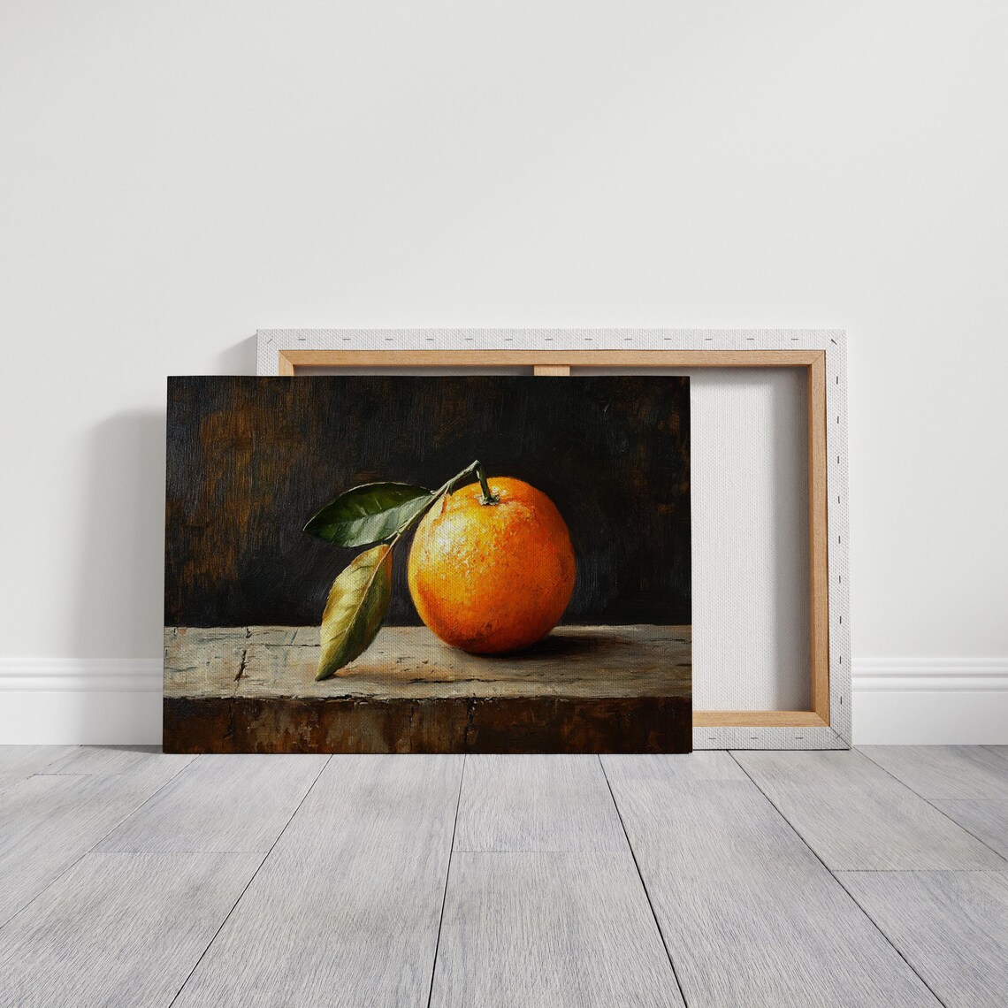 Orange with Leaves on Weathered Wood Dark Still Life Oil Poster - Image 3