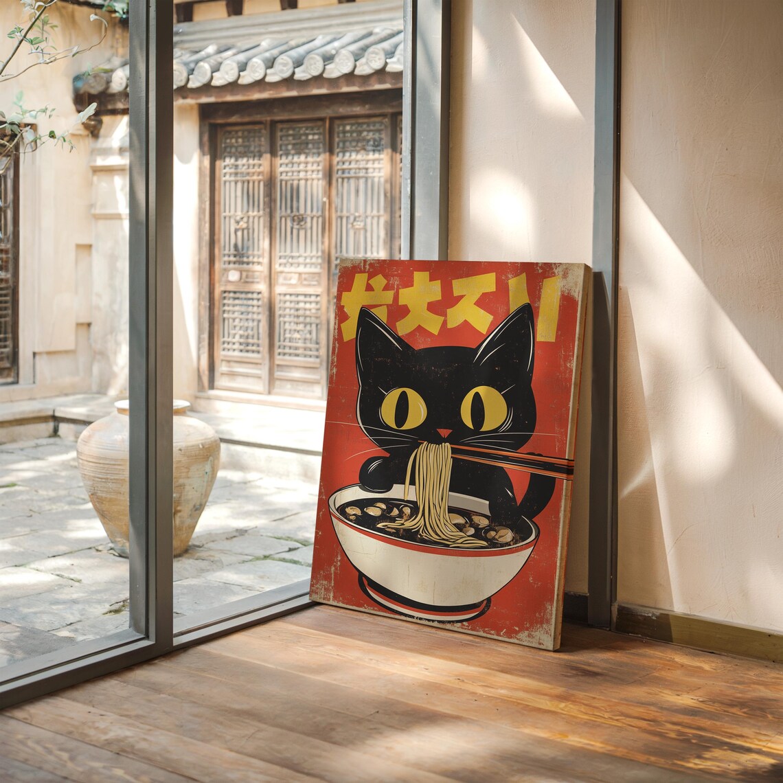Black Cat Eating Ramen Retro Japanese Noodle Shop Art Poster - Image 3
