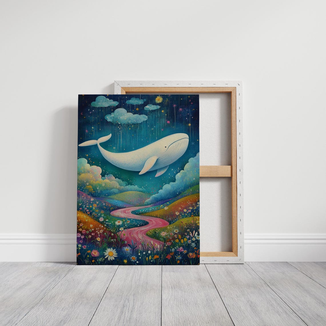 Dreamy White Whale Flying Over Pink River Flower Hills Poster - Image 3