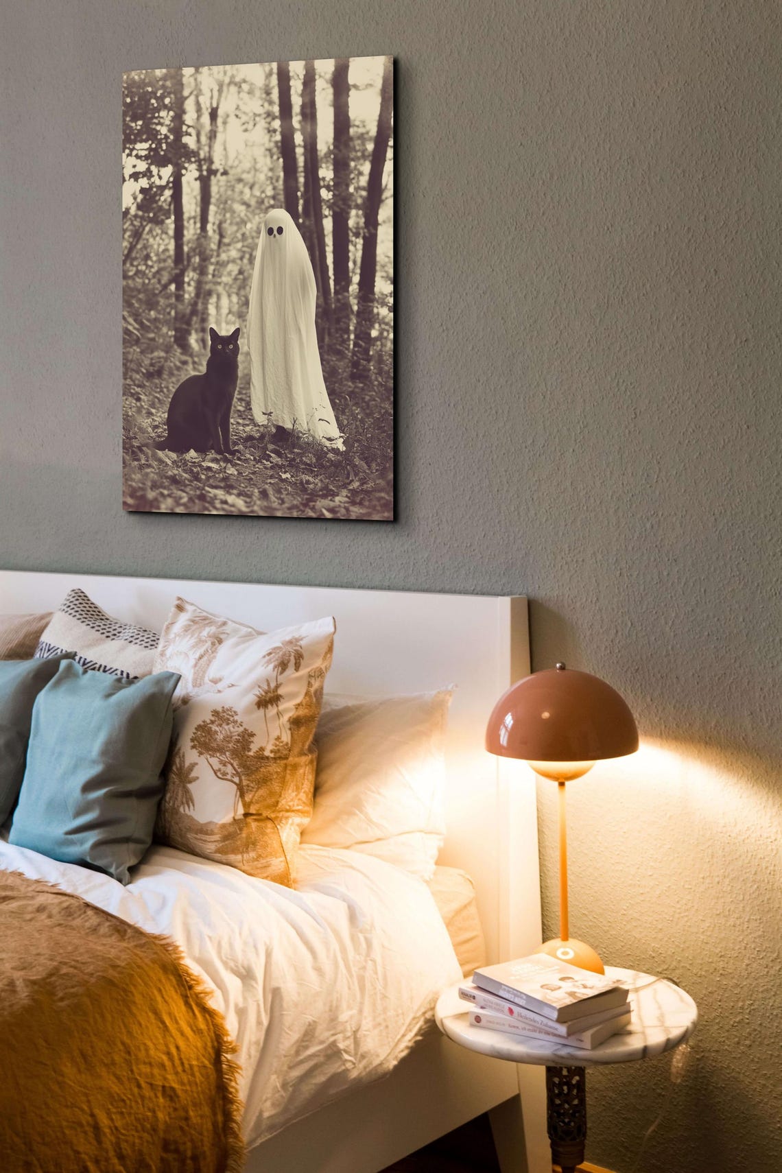 Sepia Ghost and Black Cat Standing Together in an Autumn Forest Poster - Image 5