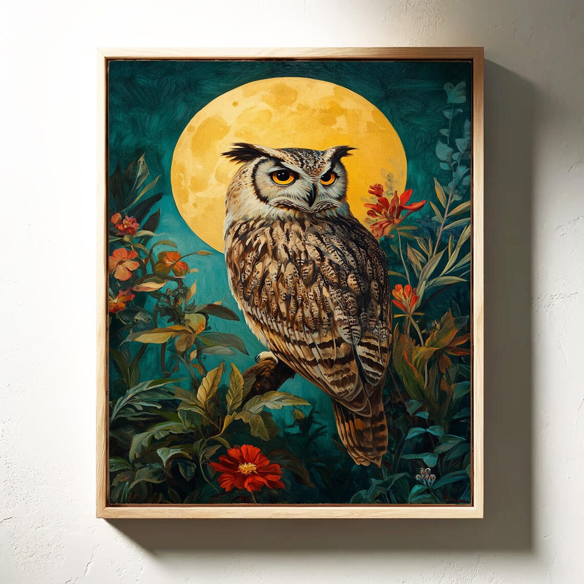 Majestic Great Horned Owl Golden Full Moon Teal Floral Night Poster - Image 6
