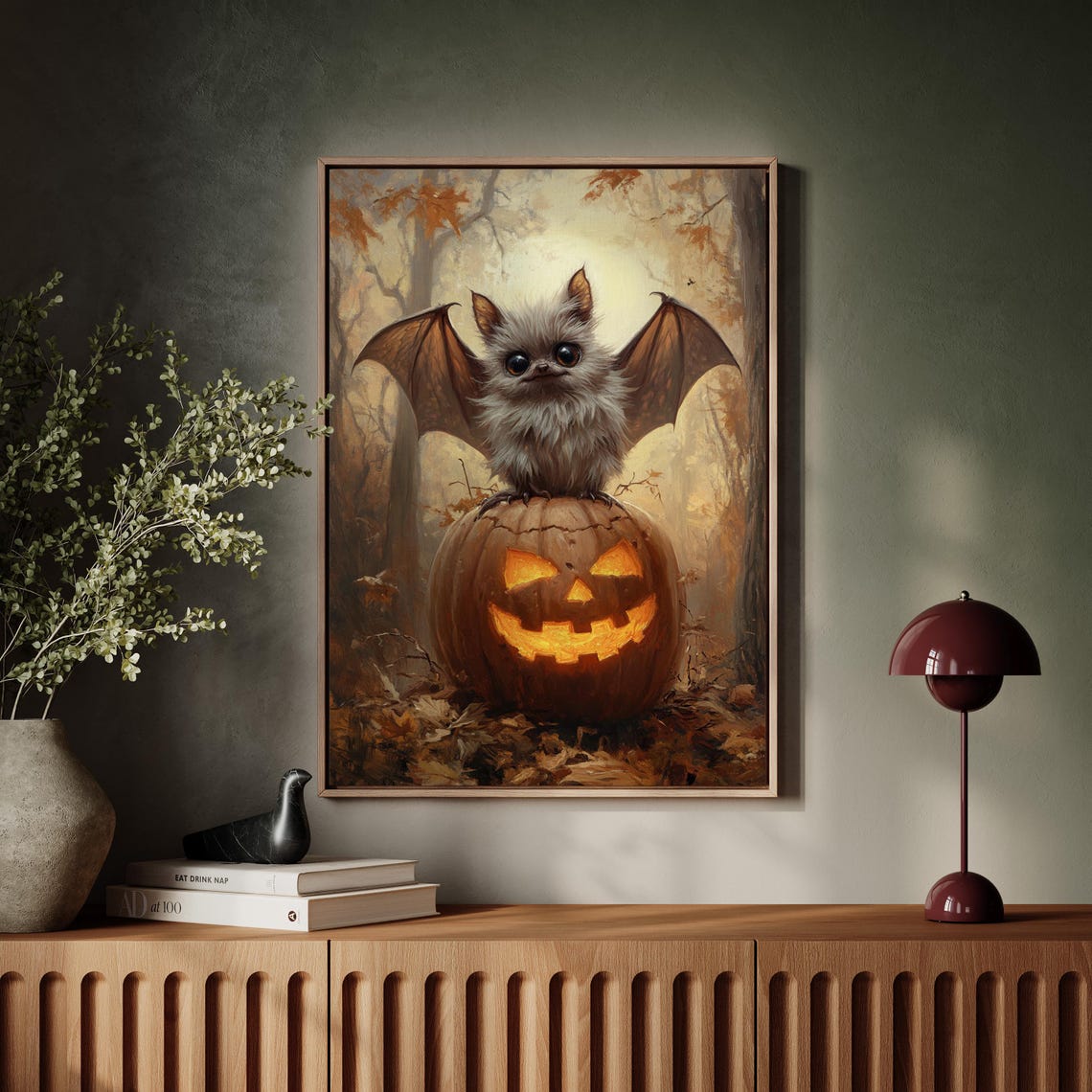 Cute Fluffy Bat On Glowing Jack O Lantern Autumn Forest Wall Art - Image 2