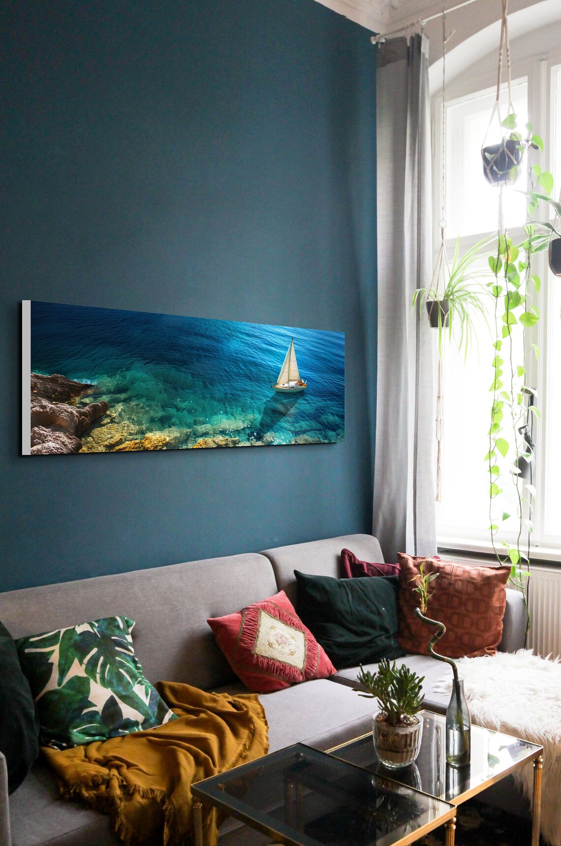 Sailboat on Crystal Clear Turquoise Sea Rocky Coast Aerial Art Poster - Image 3