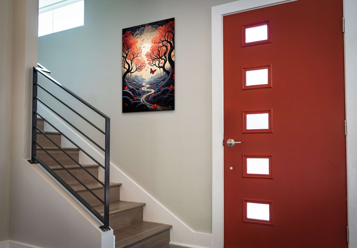 Red Forest Path With Butterfly Stylized Fantasy Night Art Poster - Image 5