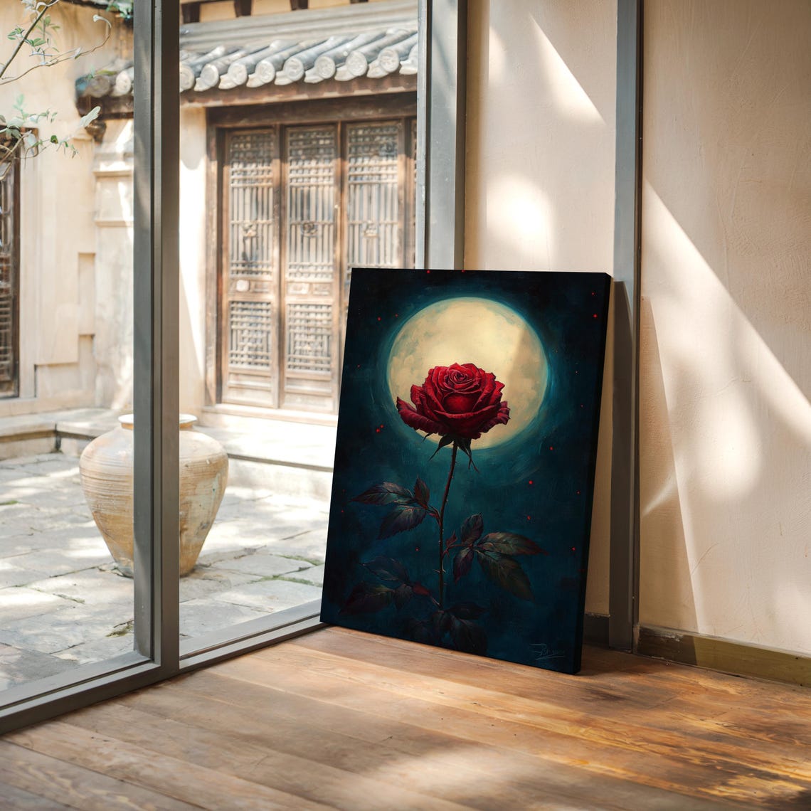 Single Red Rose Glowing Full Moon Night Dramatic Floral Poster - Image 4