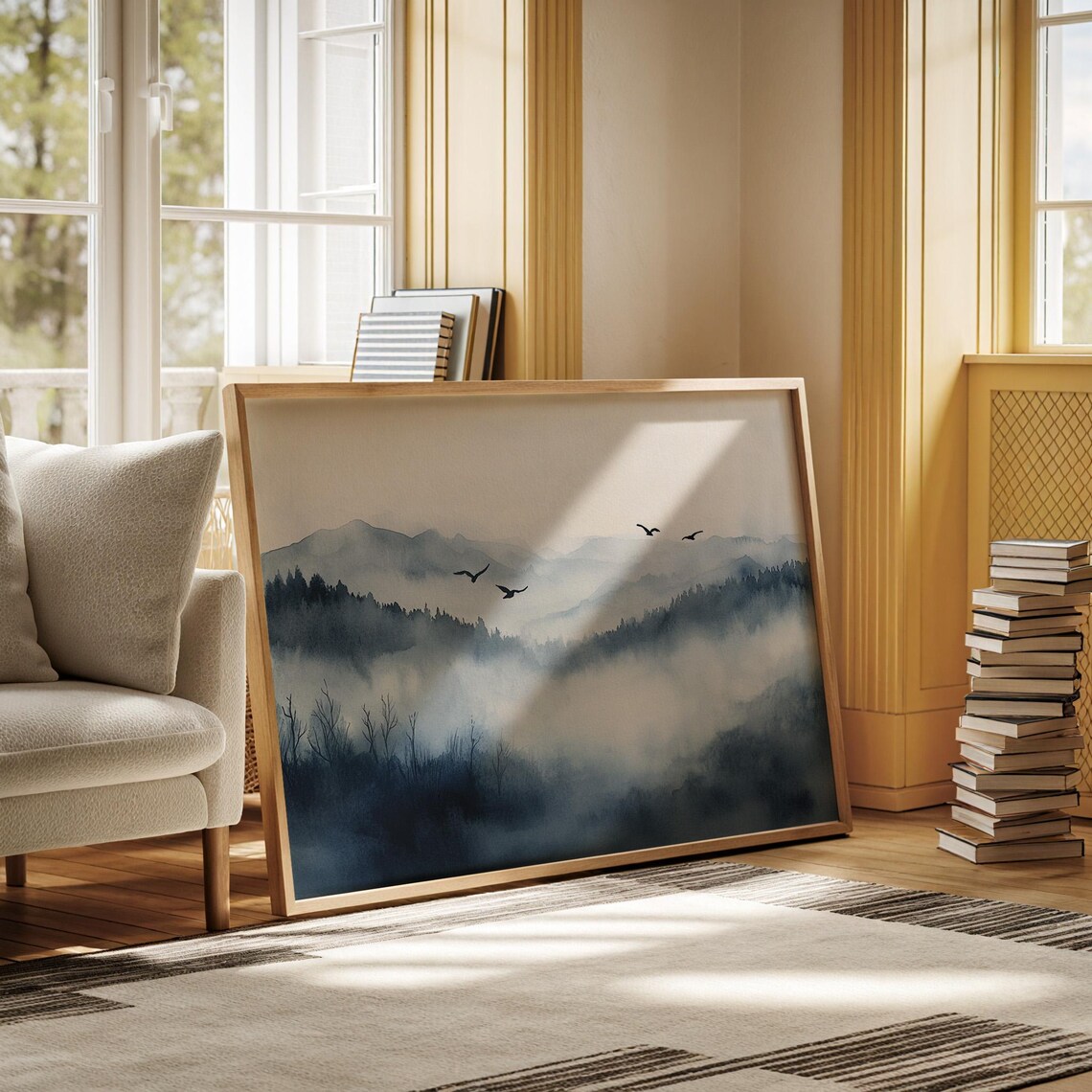Misty Mountain Landscape With Birds in Flight, Watercolor - Image 3