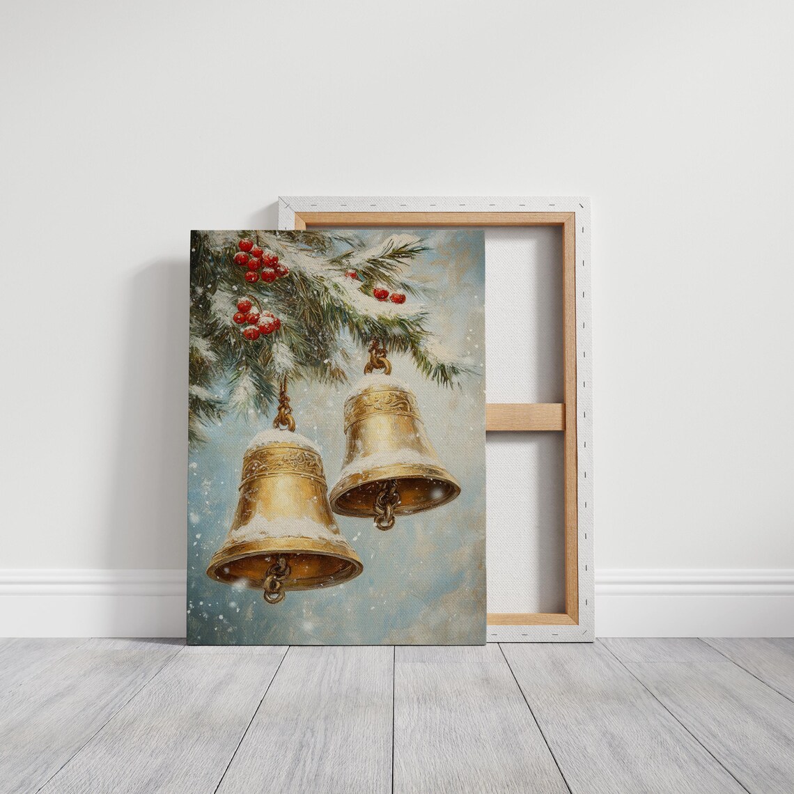 Two Golden Bells On Snowy Pine Branch Winter Holiday Season Poster - Image 3