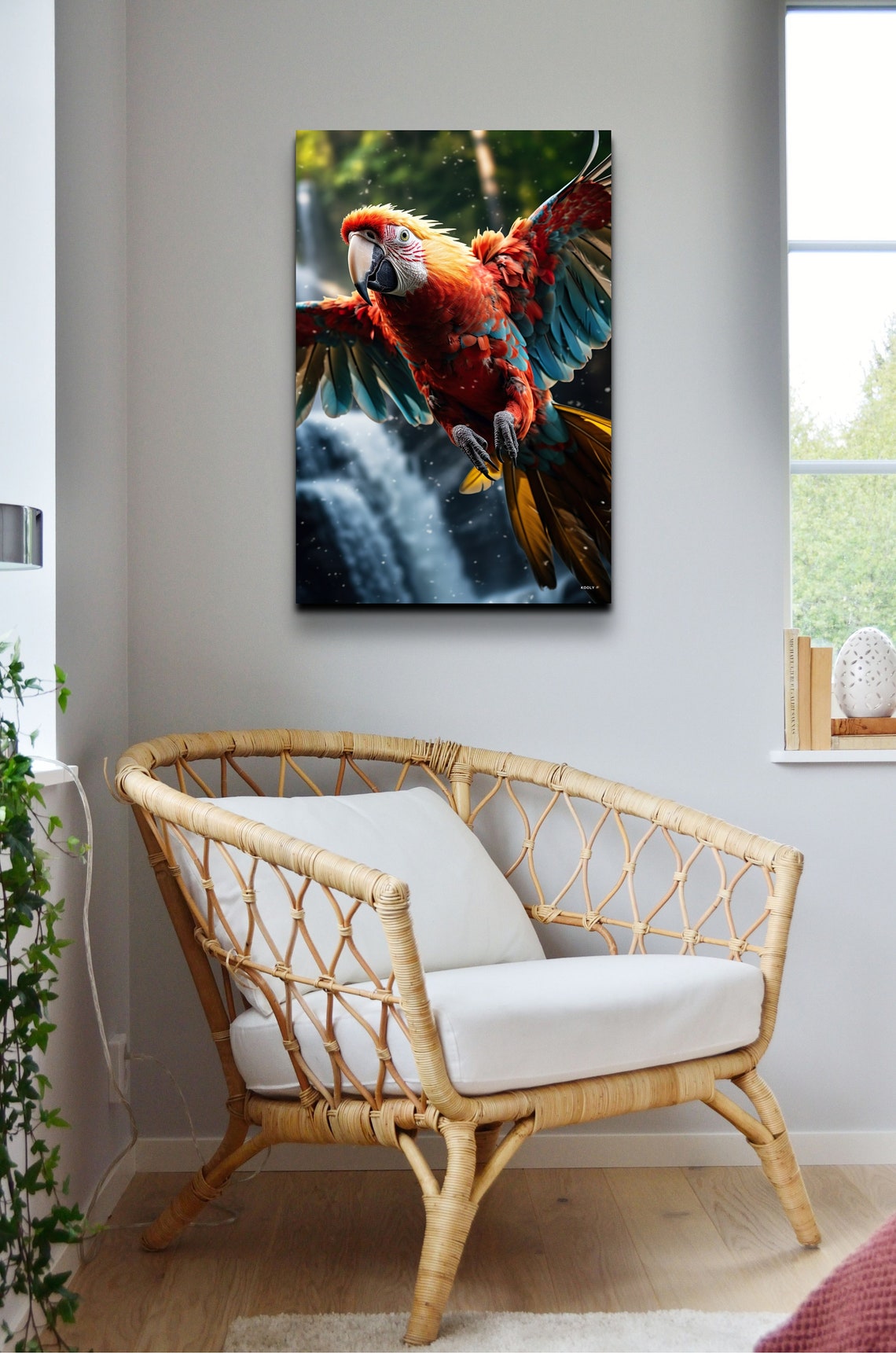 Scarlet Macaw Parrot Flying Past a Rainforest Waterfall Poster - Image 3