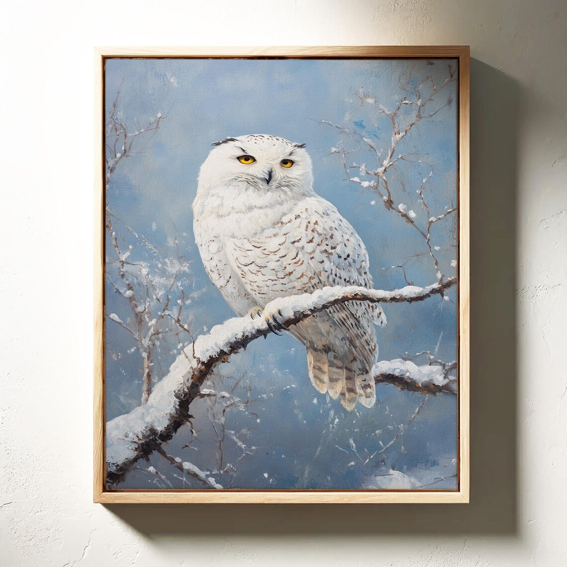 Snowy Owl Resting on Snowy Branch Frosty Blue Winter Art Print - Image 5