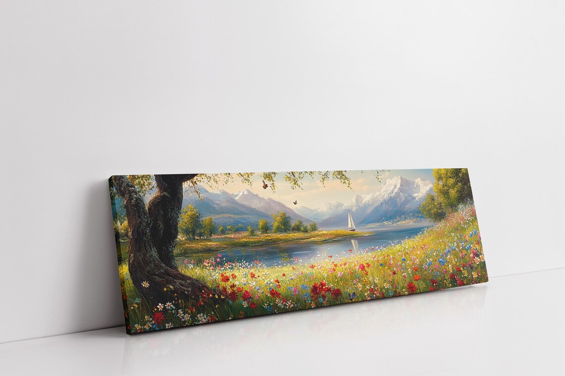 Wildflower Meadow Lake Sailboat Snowy Mountains Butterflies Art Poster - Image 7