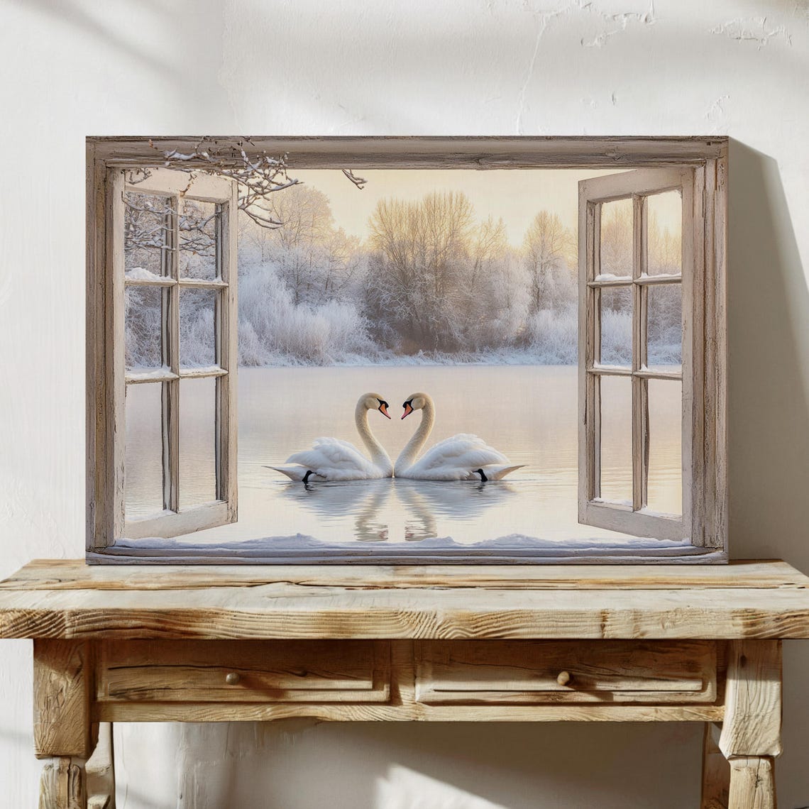 Two Swans Heart Shape Winter Window Lake View Romantic Poster
