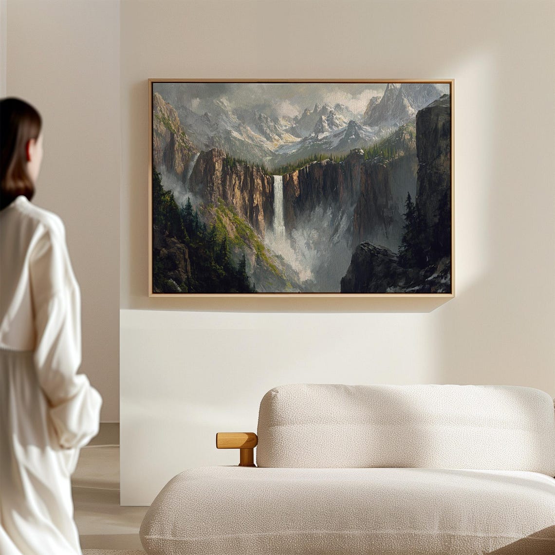 Mountain Waterfall Majestic Wilderness Wall Art Misty Cliff Landscape Scenic Nature Painting Adventure Home Decor - Image 2