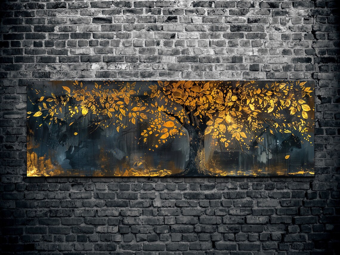 Majestic Black And Gold Tree Panoramic Art Print - Image 2