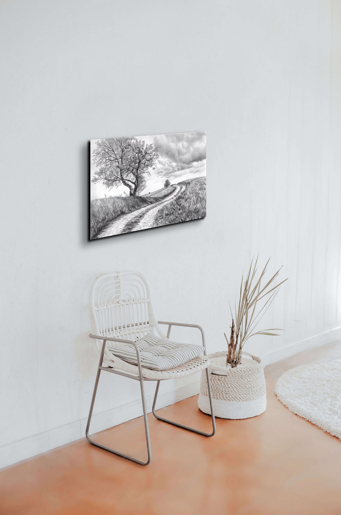 Lone Oak Tree On Rolling Hill Charcoal Drawing Winding Path Poster - Image 4
