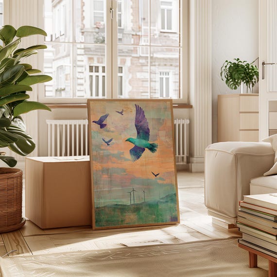 Flying Birds Abstract Painting Colorful Sky And Nature Wall Art
