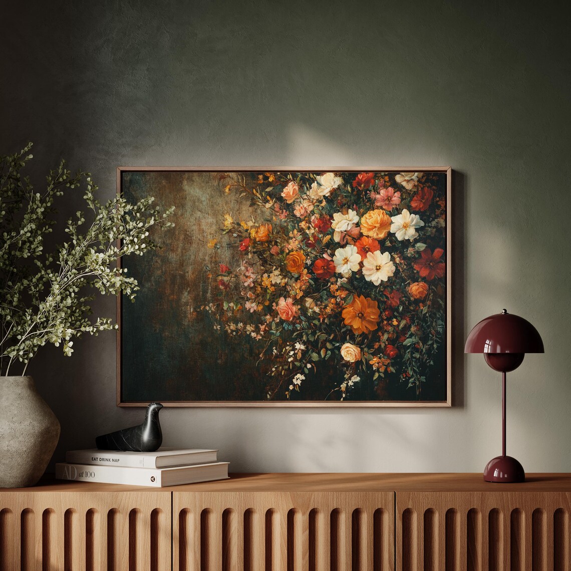 Vibrant Floral Bouquet Dark Moody Vintage Botanical Wall Art