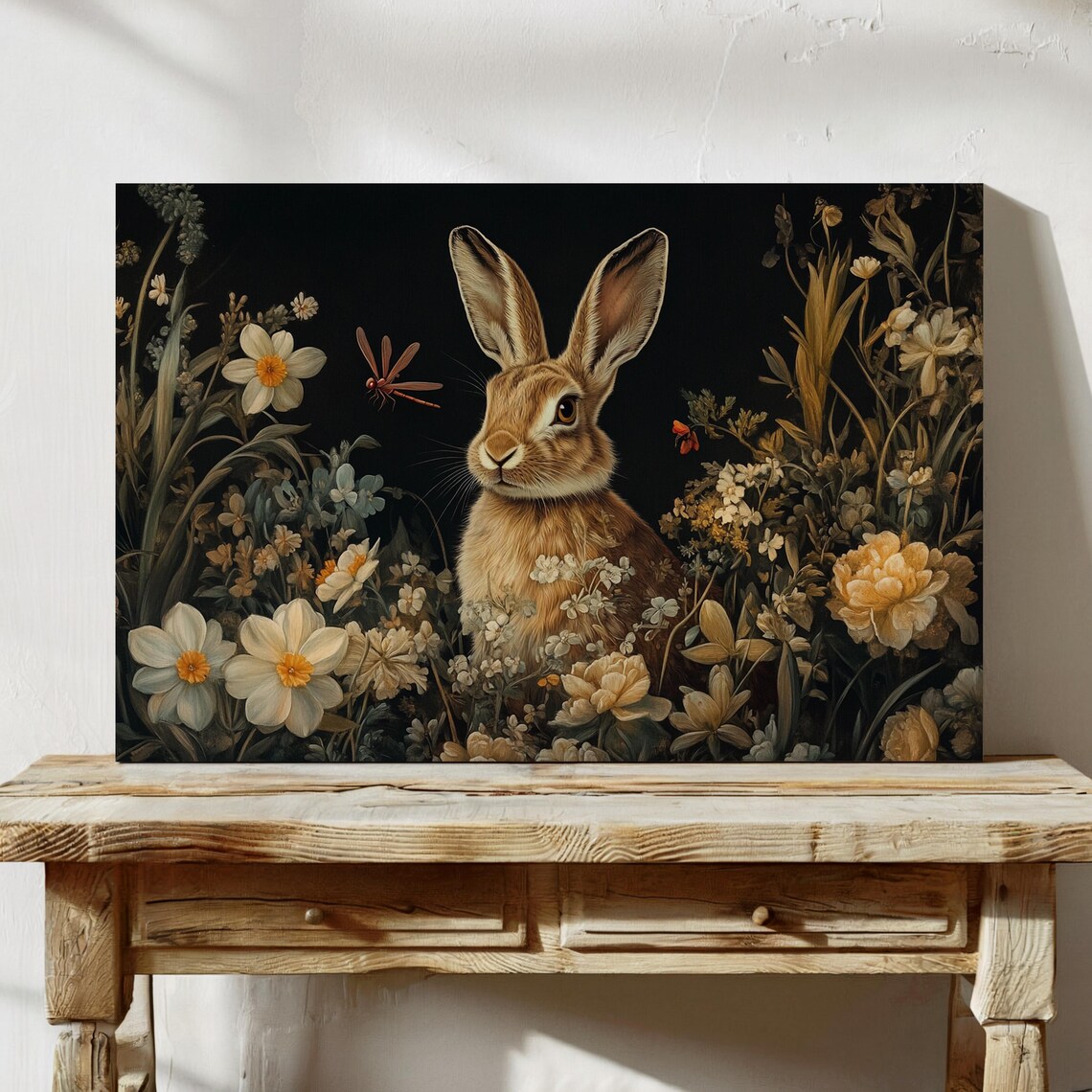 Rabbit In Wildflower Meadow, Rustic Floral Art Print - Image 3