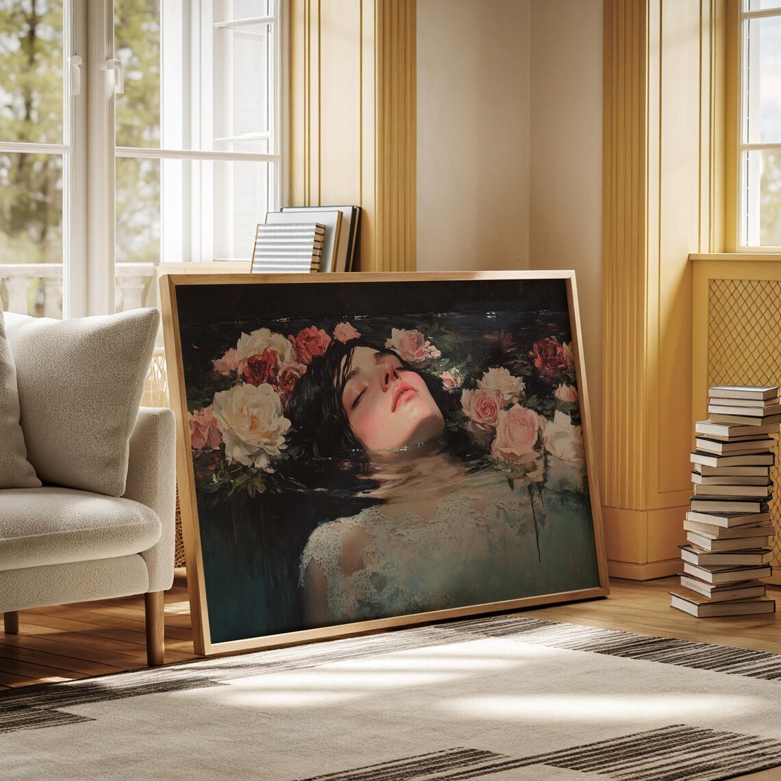 Serene Woman Floating Among Roses in Dark Still Water Art Poster - Image 3