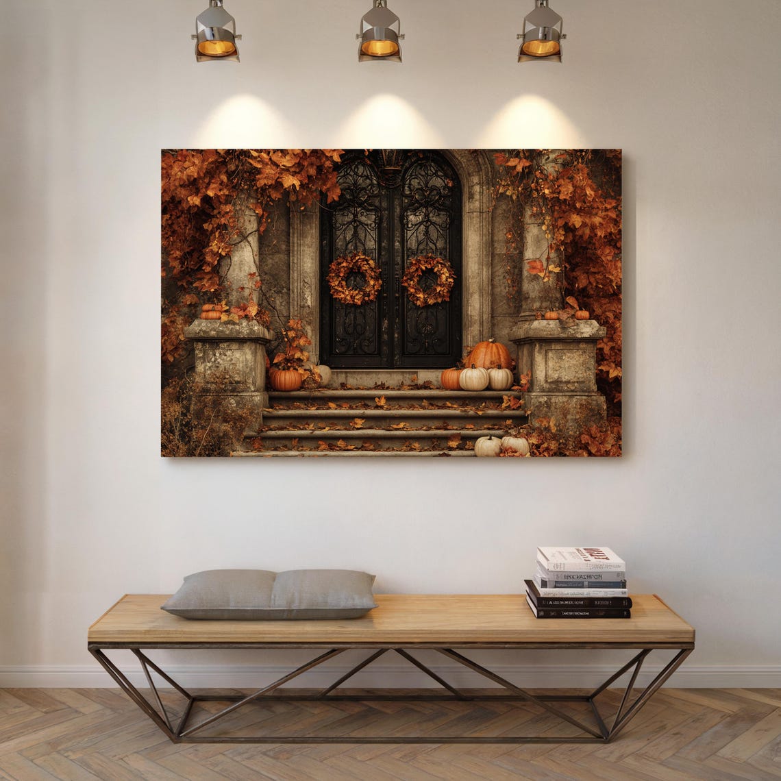 Autumn Stone Doorway With Wreaths Pumpkins And Falling Leaves Wall Art - Image 7