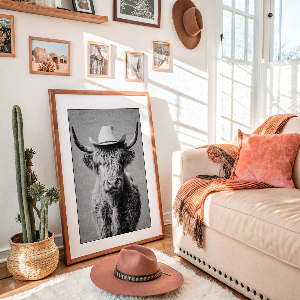 Highland Cow Wearing Cowboy Hat Black And White Animal Poster