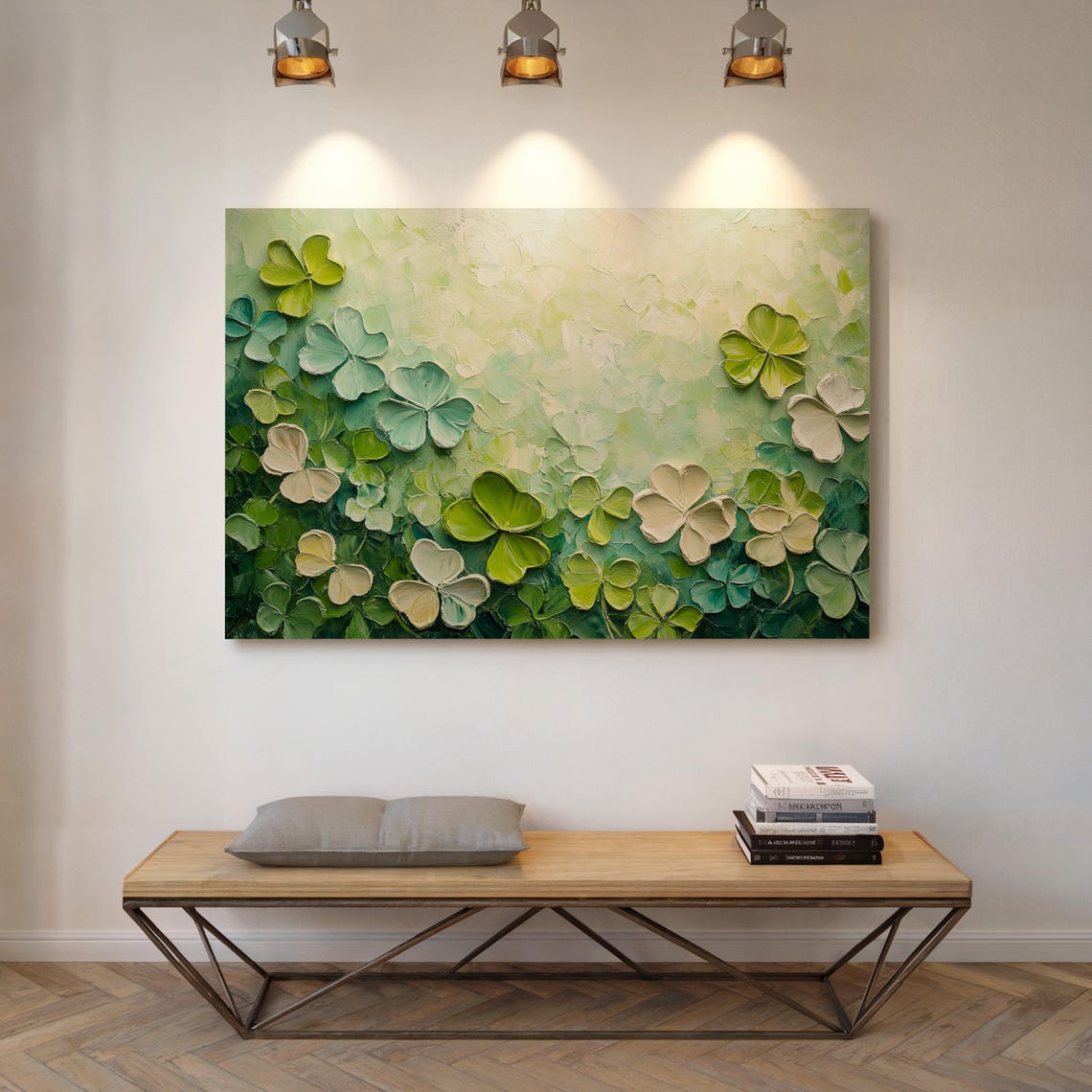 Impasto Green And White Clovers Textured Botanical Garden Wall Art - Image 7
