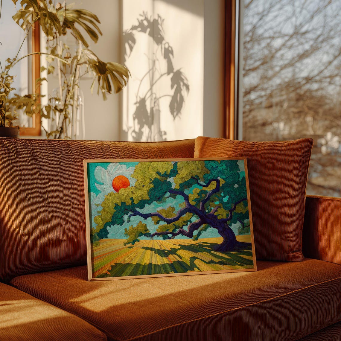 Twisted Oak Tree with Teal Branches Bold Sun Landscape Painting Poster