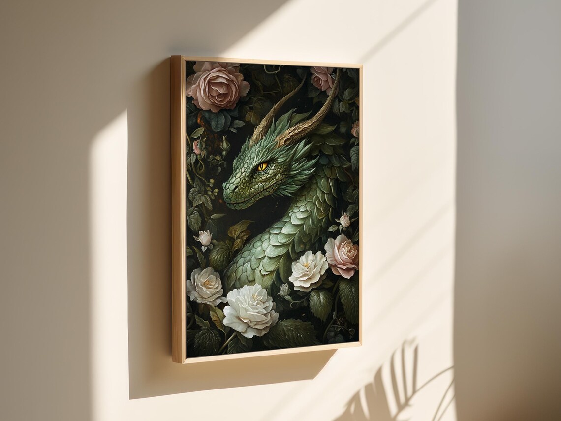 Emerald Dragon Coiled Among White Roses Golden Eye Mystical Fantasy Poster - Image 4