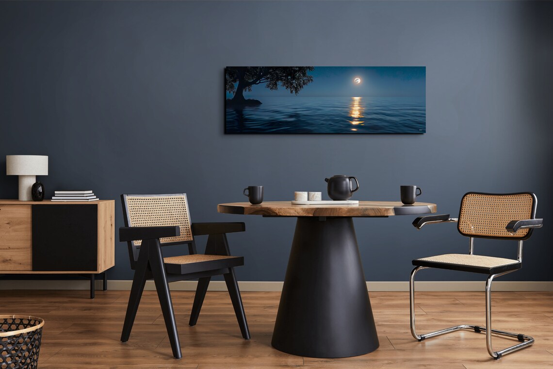 Full Moon Over the Ocean With Golden Water Reflection Panoramic Wall Art - Image 5