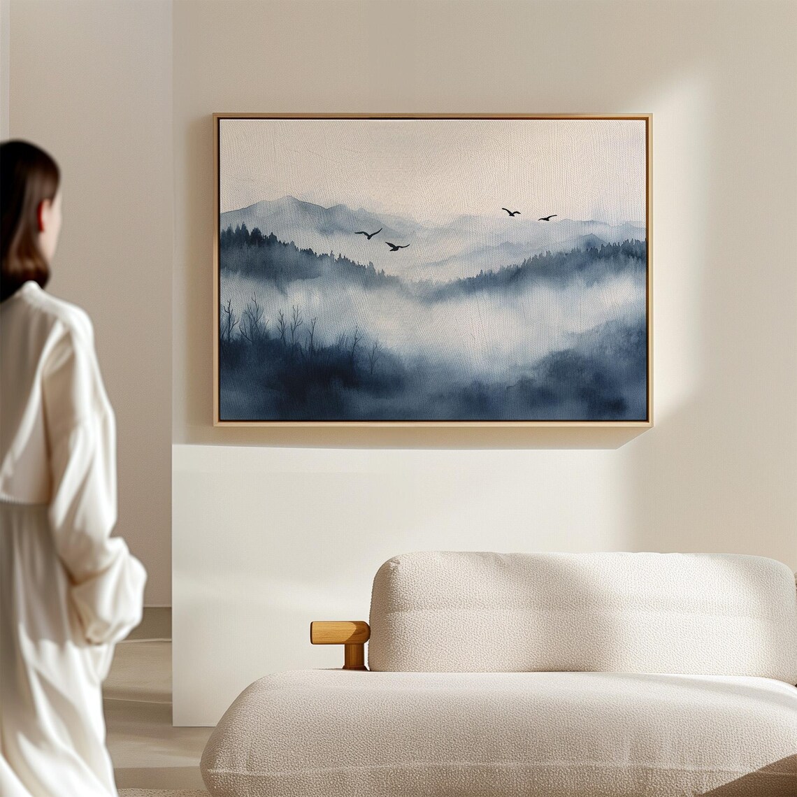 Misty Mountain Landscape With Birds in Flight, Watercolor - Image 4