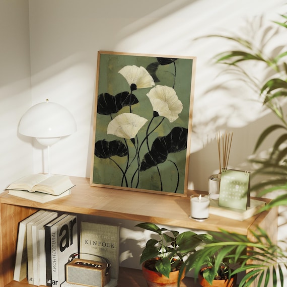 White Lotus Flowers on Sage Green Botanical Zen Garden Wall Art
