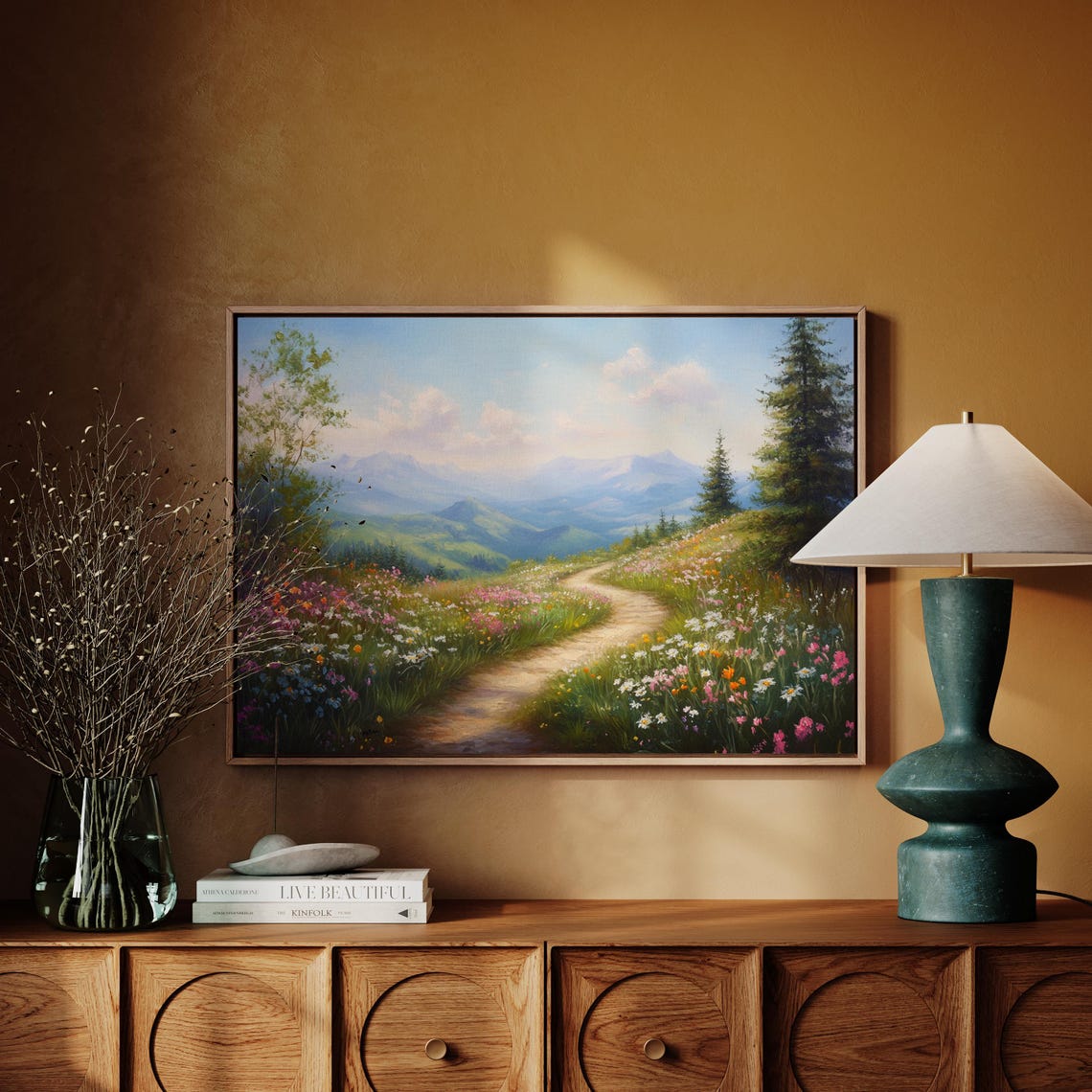 Wildflower Path Winding Through Hills Toward Blue Mountains Wall Art