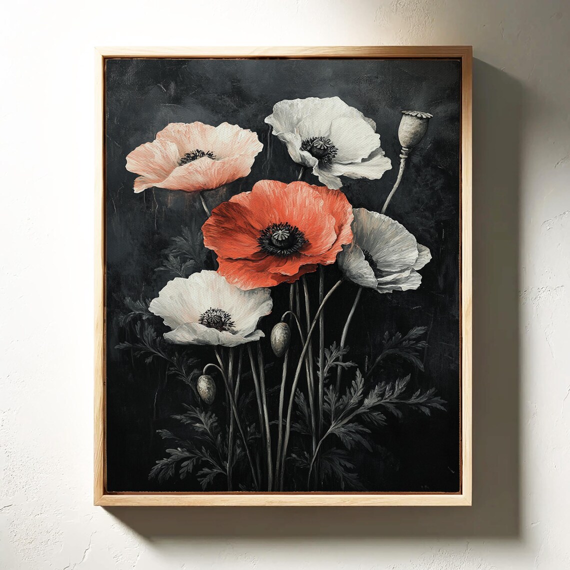 Moody Red And White Poppies On Black Dark Botanical Floral Poster - Image 2