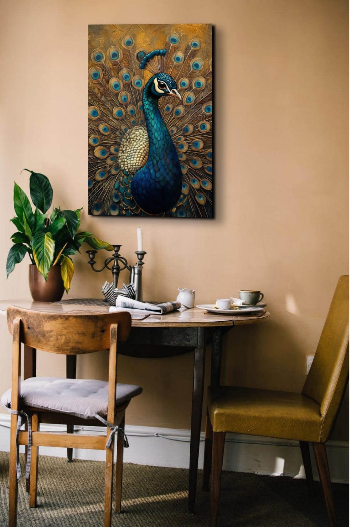 Peacock Profile Golden Background Ornate Bird Portrait Art Poster - Image 7