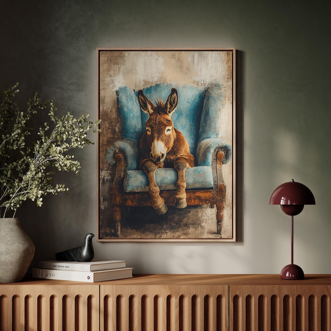 Adorable Donkey Resting On Blue Chair, Farmhouse Art Print - Image 7