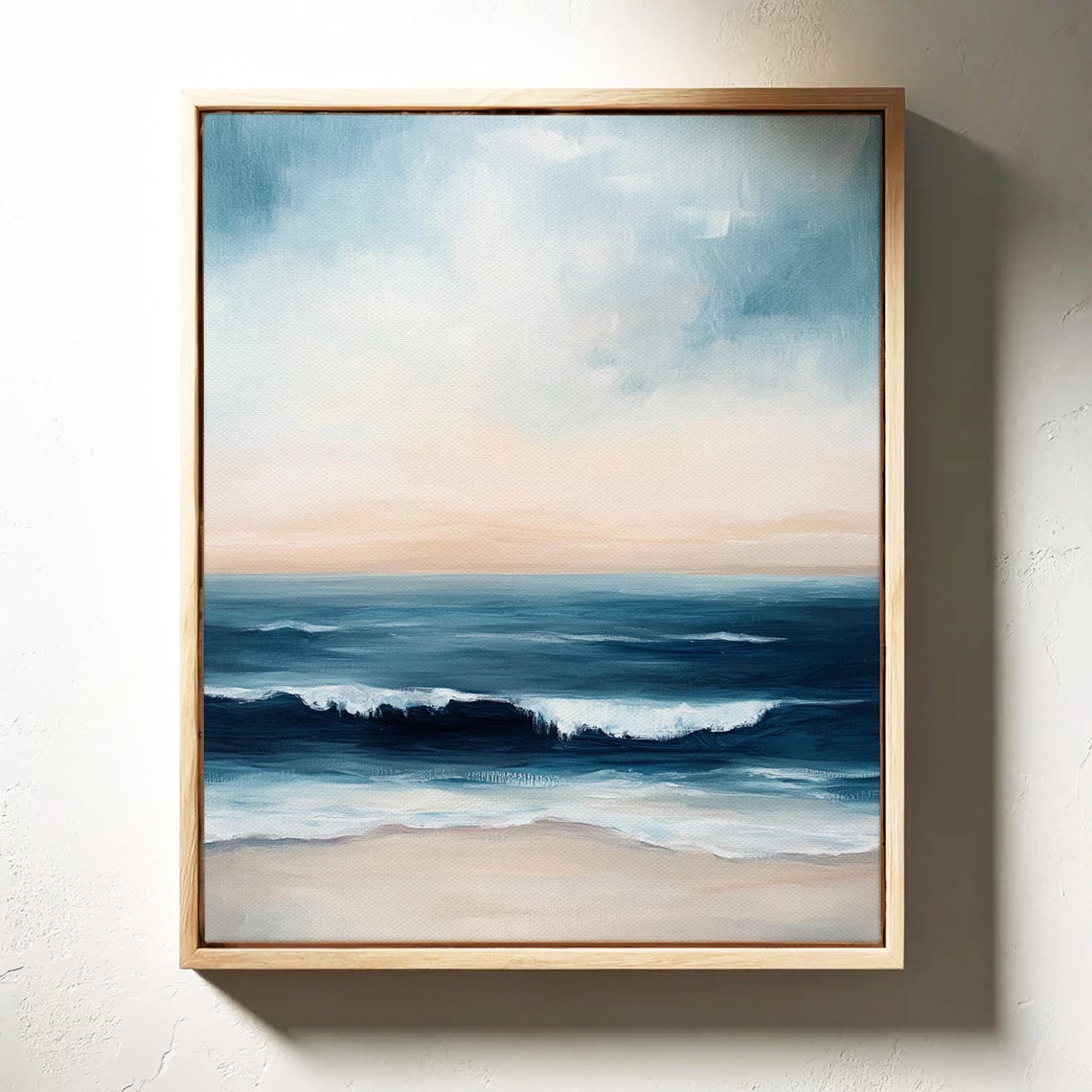 Serene Blue Ocean Waves Pastel Sky Coastal Oil Painting Poster - Image 4