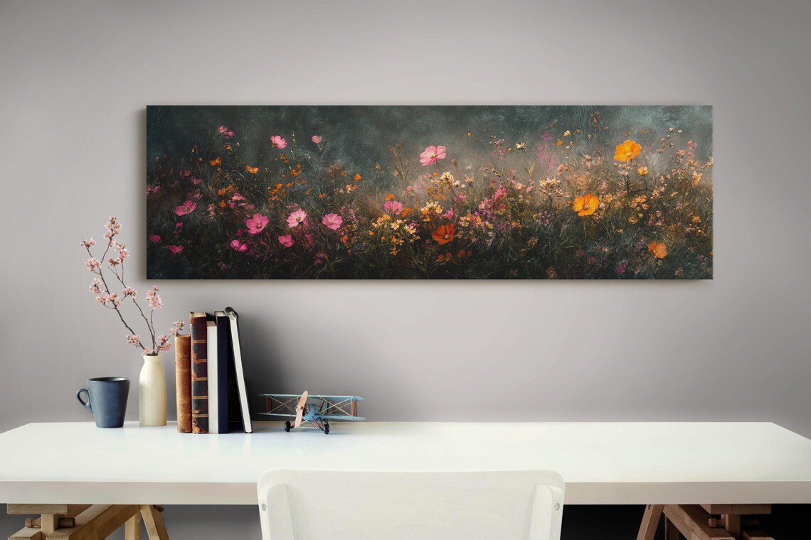Moody Dark Wildflower Field Pink Cosmos Orange Poppies Vintage Poster - Image 4